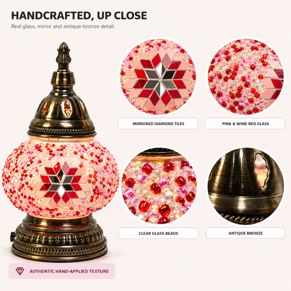 MEHOOM DIY Rechargeable Turkish Moroccan Mosaic Table Lamp Kit, 3 Color Temperatures, Stepless Dimming, Integrated LED Bedside Table Lamp, Pink