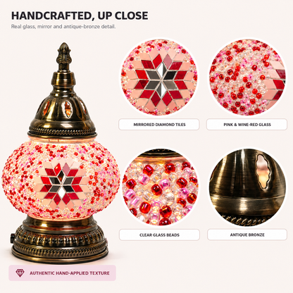 MEHOOM DIY Rechargeable Turkish Moroccan Mosaic Table Lamp Kit, 3 Color Temperatures, Stepless Dimming, Integrated LED Bedside Table Lamp, Pink
