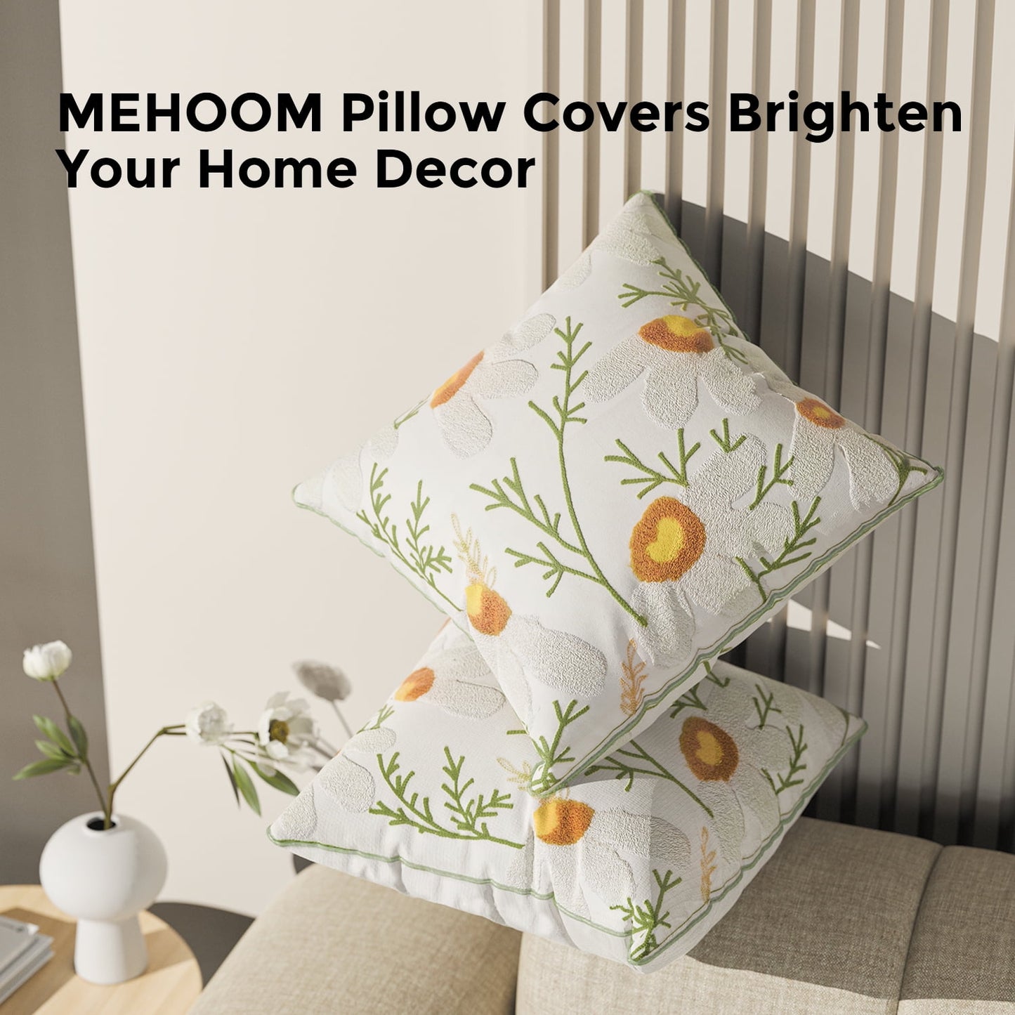 MEHOOM Farmhouse Throw Pillow Covers 18x18 Set of 2, Soft Decorative Pillow Covers, Floral Hand Embroidered Cushion Cases Set, Boho Home Decor for Sofa Living Room Couch Bedroom Car
