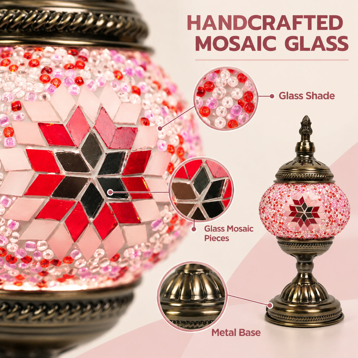 MEHOOM DIY Turkish Mosaic Lamp Kit, Rechargeable Bedside Table Lamp with 3 Color Temperatures and Stepless Dimming, Moroccan Boho Craft Kit for Adults, Classic Pink