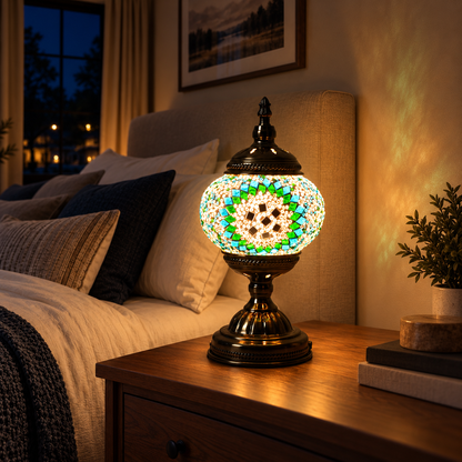 MEHOOM DIY Turkish Mosaic Lamp Kit, Rechargeable Bedside Table Lamp with 3 Color Temperatures and Stepless Dimming, Moroccan Boho Craft Kit for Adults, Classic Green