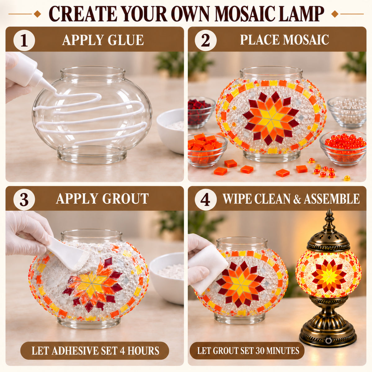MEHOOM DIY Turkish Mosaic Lamp Kit, Rechargeable Bedside Table Lamp with 3 Color Temperatures and Stepless Dimming, Moroccan Boho Craft Kit for Adults, Classic Orange