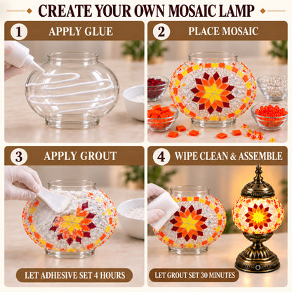 MEHOOM DIY Turkish Mosaic Lamp Kit, Rechargeable Bedside Table Lamp with 3 Color Temperatures and Stepless Dimming, Moroccan Boho Craft Kit for Adults, Classic Orange