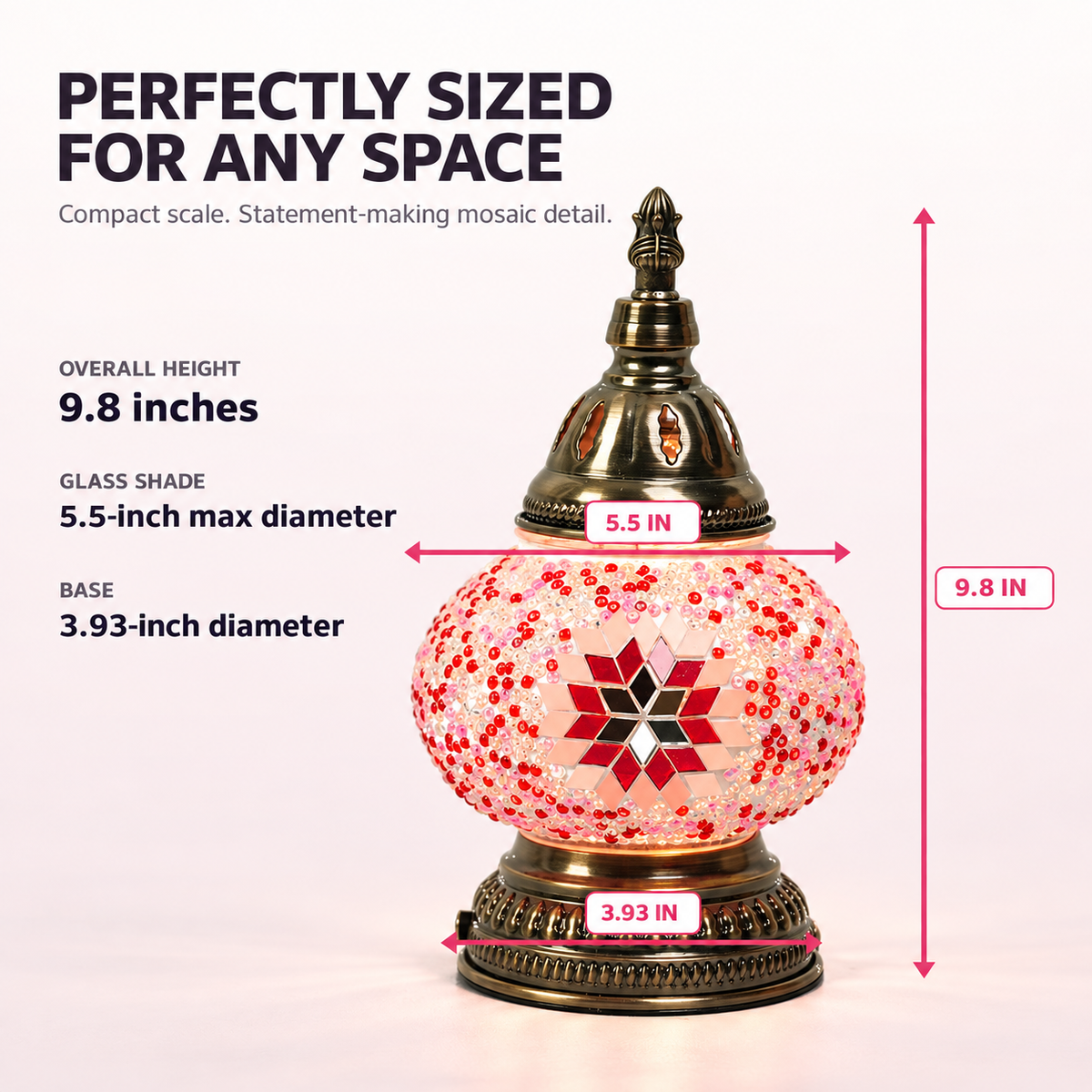 MEHOOM DIY Rechargeable Turkish Moroccan Mosaic Table Lamp Kit, 3 Color Temperatures, Stepless Dimming, Integrated LED Bedside Table Lamp, Pink