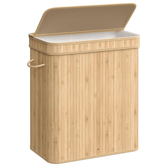 XGVGI Foldable Laundry Hamper with Lid, 100L Large Bamboo Clothes Basket with Removable Liner & Handles, Tall Rectangular Hamper for Bedroom, Bathroom, Small Spaces (Natural)
