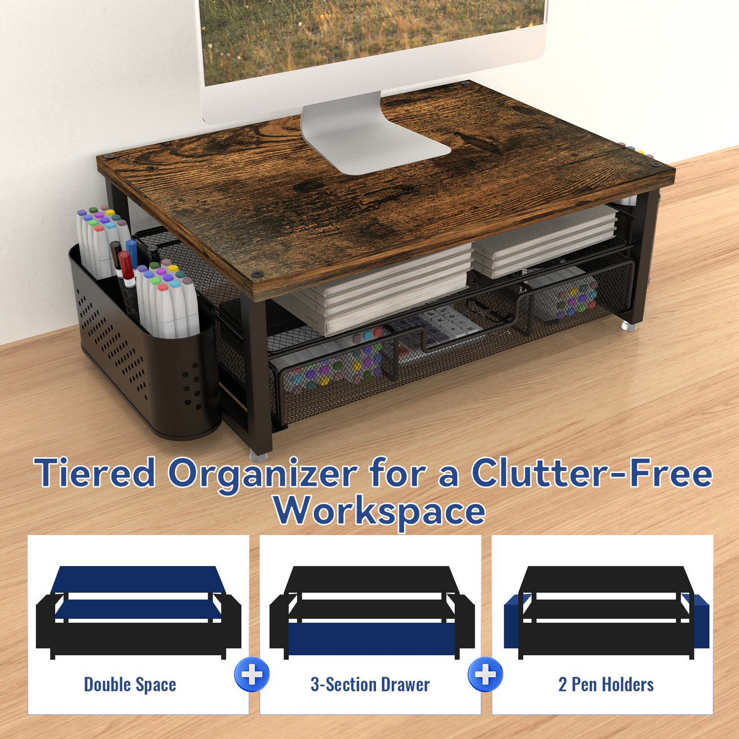 MEHOOM Desk Organizer and Accessories, 2-Tier Monitor Stand Riser with Drawer and 2 Pen Holders, Desktop monitor stand for Office and Dorm Use, Brown