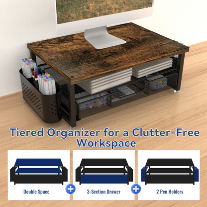 MEHOOM Desk Organizer and Accessories, 2-Tier Monitor Stand Riser with Drawer and 2 Pen Holders, Desktop monitor stand for Office and Dorm Use, Brown