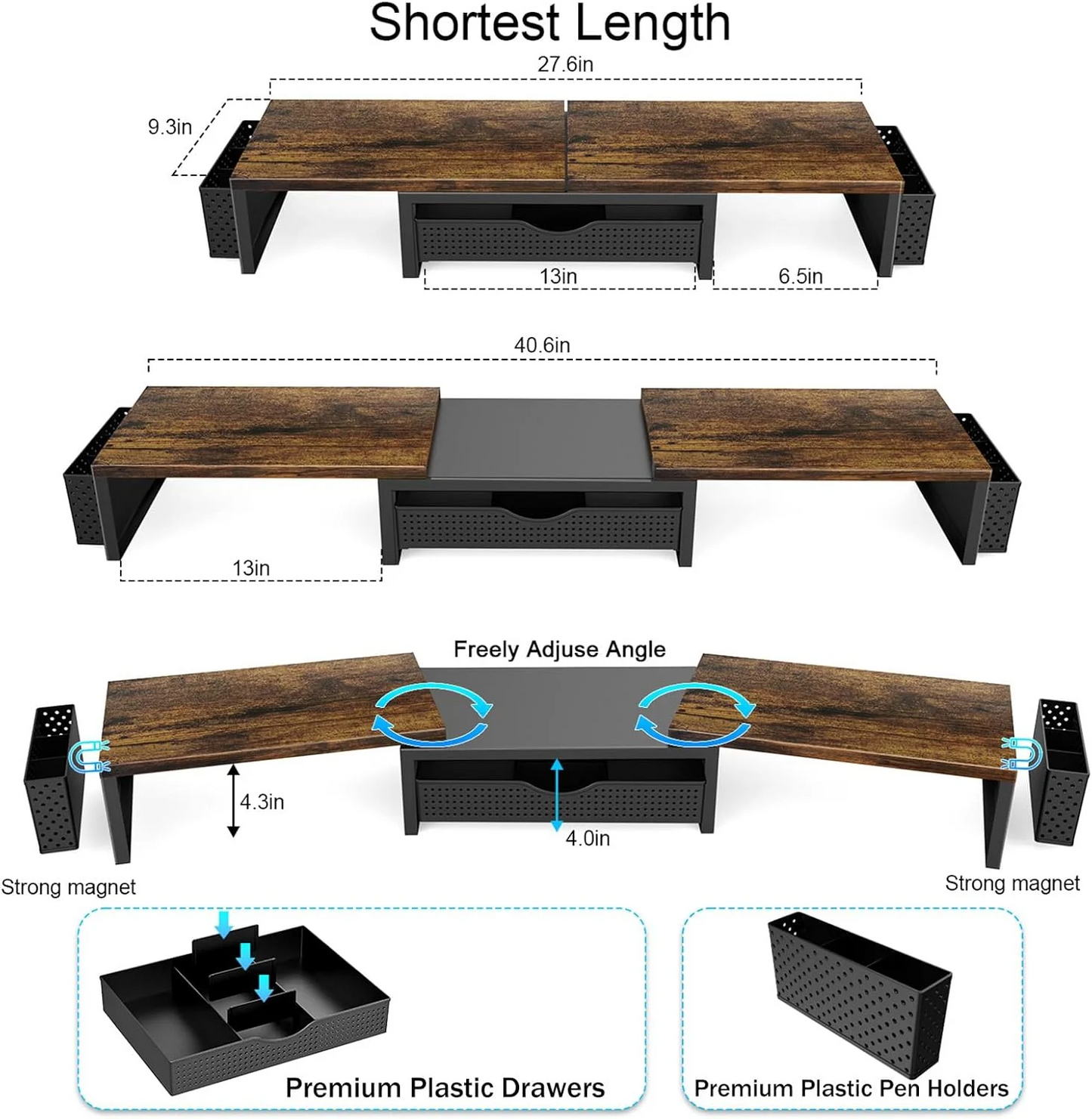 MEHOOM Dual Monitor Stand Riser, Desk Organizer With Drawer and 2 Pen Holders,Computer Monitor Stand, Desk Shelf for Top of Desk, Wood