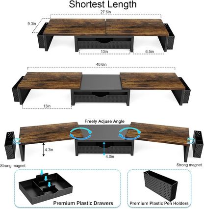 MEHOOM Dual Monitor Stand Riser, Desk Organizer With Drawer and 2 Pen Holders,Computer Monitor Stand, Desk Shelf for Top of Desk, Wood