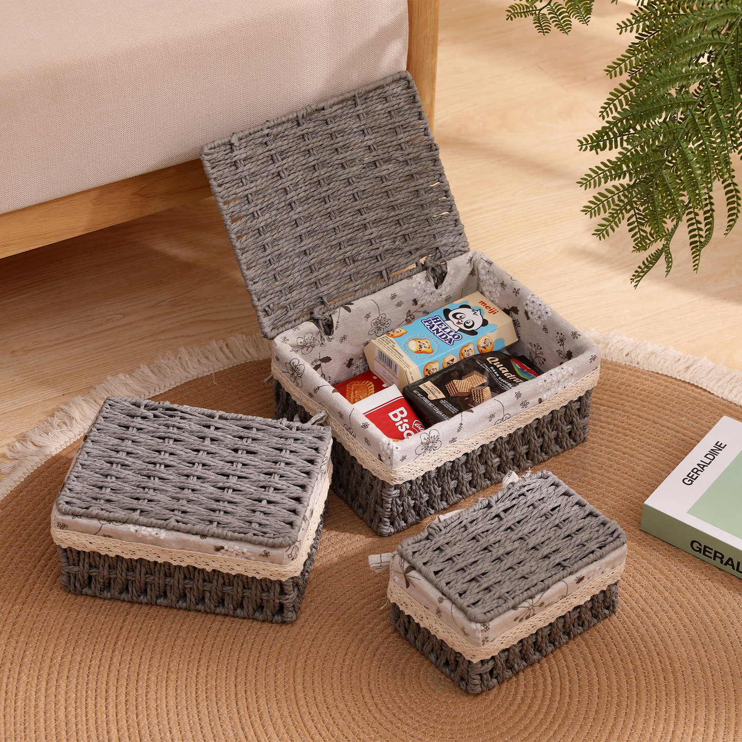 XGVGI 3 Pcs Wicker Basket, Baskets for Organizing, Storage, Woven Storage Baskets for Bedroom, Closet, Table, or Living Room (Gray)