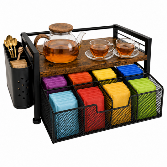 MEHOOM Tea Bag Organizer Kitchen Storage Box, Wood and Metal Tea Holder with Drawer, Countertop Tea Station Chest Display Container, Rustic Brown
