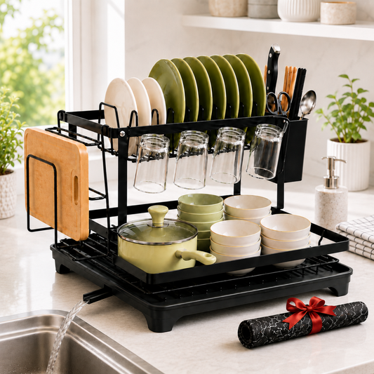 MEHOOM 2-Tier Dish Drying Rack for Kitchen Counter, Stainless Steel Dish Rack & Dish Drainer with Auto Drainage, Absorbent Mat, Cup Holder, Black