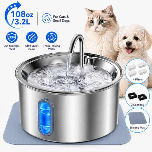 MEHOOM 304 Stainless Steel Cat Water Fountain, 108oz/3.2L Ultra Quiet & Auto Pet Water Fountain, Water Dispenser with Filters for Multiple Cats Dog Indoor