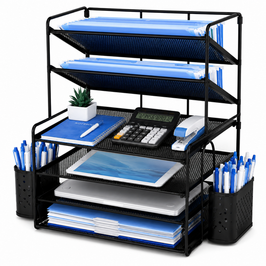 MEHOOM 6-Tier Desk Organizer, Metal File Organizer with Letter Tray Paper Organizer, Desktop Document & Mail Organizer, Office Supplies Organizer with 2 Pen Holders, Office Desk Accessories for Home,