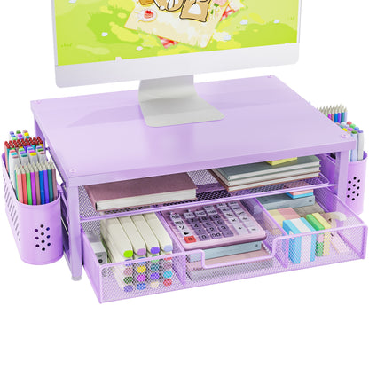 MEHOOM Desk Organizer, 2-Tier Monitor Stand with Storage and 2 Pen Holder, Laptop Stand, Office Desk Accessories for Office Supplies, Purple
