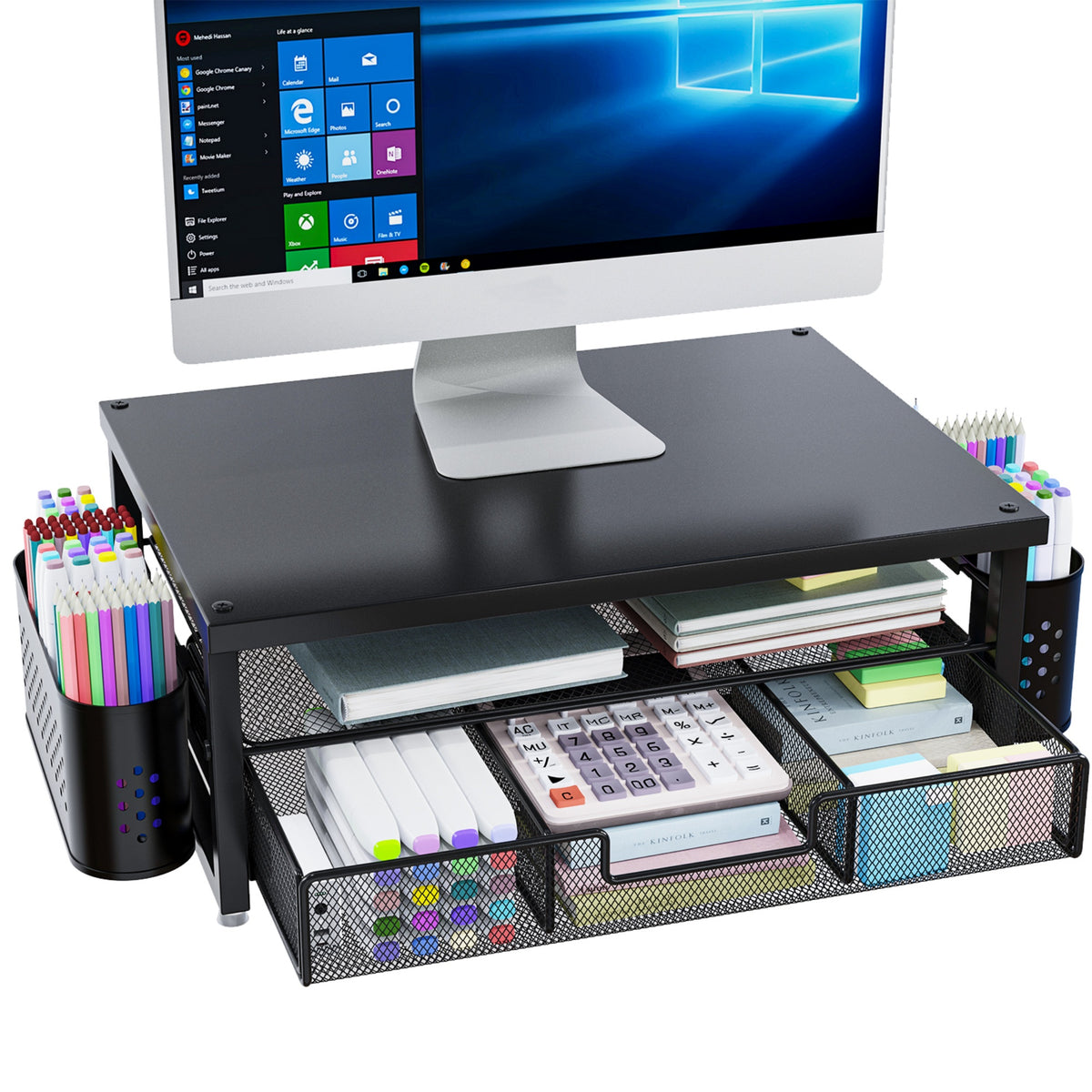 MEHOOM 3-Tier Monitor Stand Riser with Drawer and Pen Holders, Desk Organizer and Accessories college essential for Laptop, Office, and Dorm Desktop Setup, Black