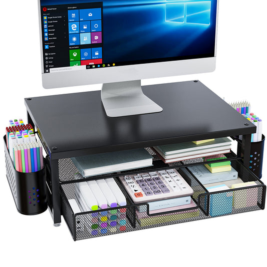 MEHOOM 3-Tier Monitor Stand Riser with Drawer and Pen Holders, Desk Organizer and Accessories college essential for Laptop, Office, and Dorm Desktop Setup, Black