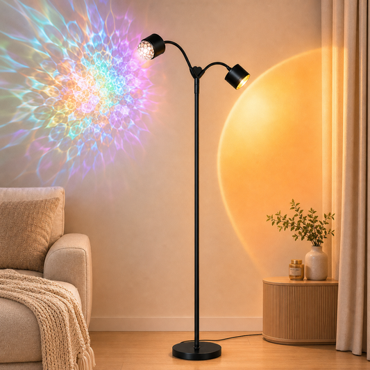 MEHOOM  Double-Headed Floor Lamp , 360°Rotating Sunset Lamp Ambiance Comes with 7 Color Swatches,  Modern Floor Stand Night Light for Living Rooms, Bedrooms & Offices