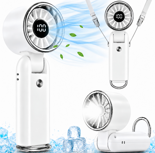 MEHOOM Air Turbo Mini Personal Fan, 3 IN 1 5000mAh Rechargeable Outdoor Portable Fan with Flashlight, 180° Adjustable, 100 Speed, Small Handheld Fan for Outdoor Indoor, Travel, Beach (White)