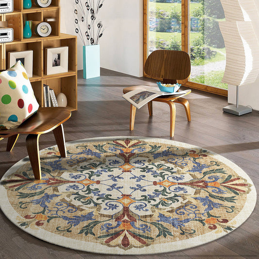MEHOOM 4x4ft Moroccan Vintage Round Washable Rug, Soft Throw Round Rug, Non-Slip Area Circle Rug for Living Room, Bedroom, Nursery, Patio, Indoor, Outdoor, off-white