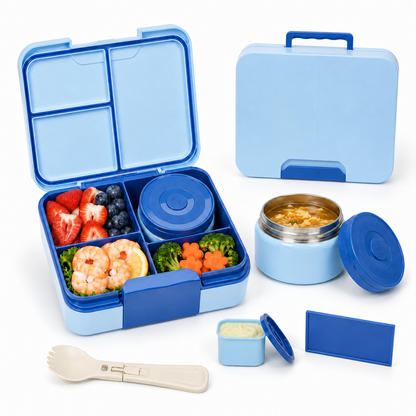 MEHOOM Kids Lunch Box with Thermos Food Jar, Bento Box for Kids with Removable Tray, Adjustable Divider, Soft Fork, Leak-Proof School Lunch Box for Daycare, Picnic, Travel, Blue