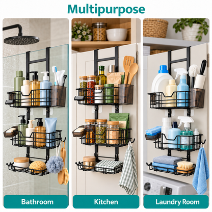 MEHOOM 3-Tier Over the Door Shower Caddy for Glass Door, No-Drill Hanging Shower Organizer with Soap Dish, Razor Holder, Hooks, Black