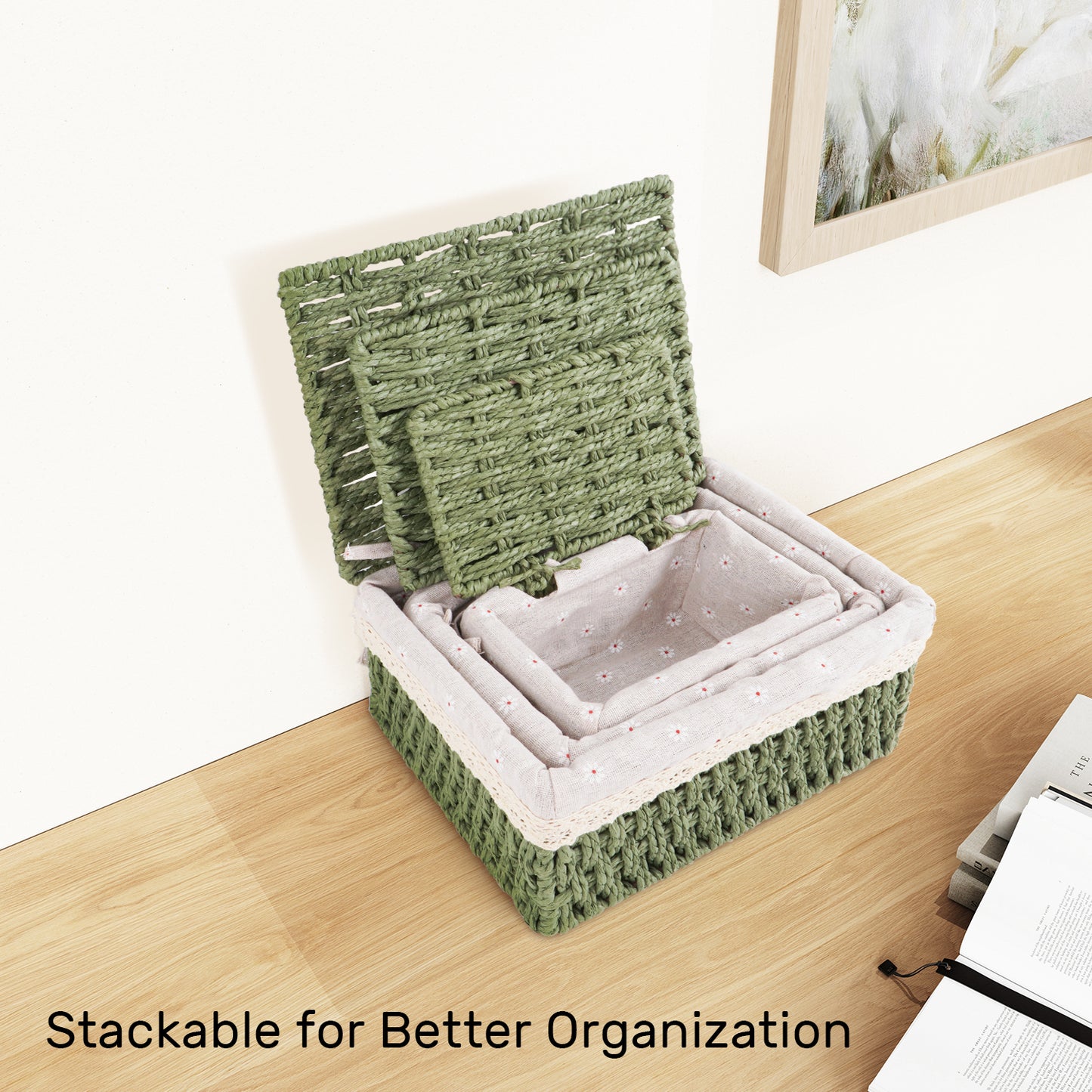 XGVGI Wicker Woven Set of 3 Storage & Organization, Woven Storage Baskets for Bedroom, Closet, Table, or Living Room (Green)