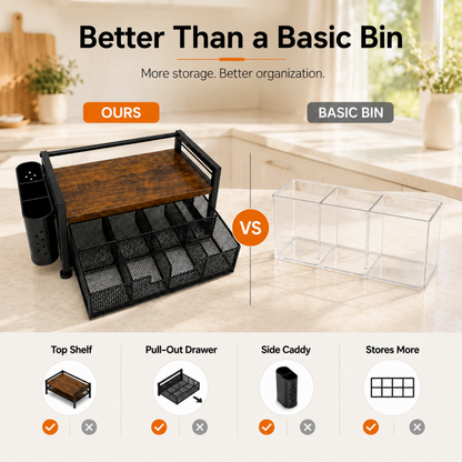 MEHOOM Tea Bag Organizer Kitchen Storage Box, Wood and Metal Tea Holder with Drawer, Countertop Tea Station Chest Display Container, Rustic Brown