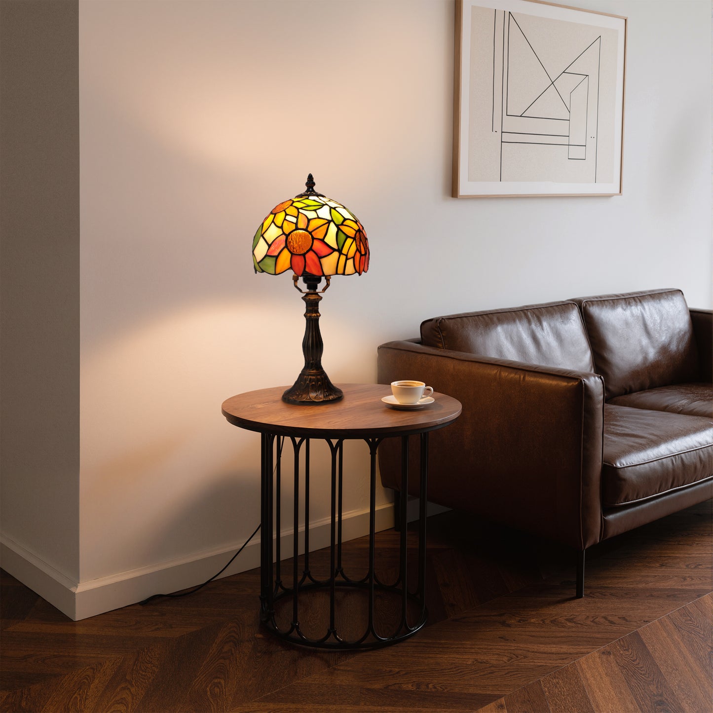 MEHOOM Sunflower Tiffany Style Table Lamp with Stained Glass Lamp Shade, LED 3 Color,Auto Timer Dimmable,Bedroom, Living Room