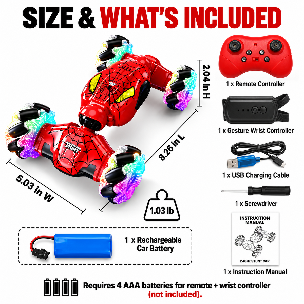 MEHOOM 4WD 360° Stunt & Drift Gesture Sensing RC Cars with 2.4GHz, Rechargeable Remote Control Cars for Kids Ages 3-12, Red