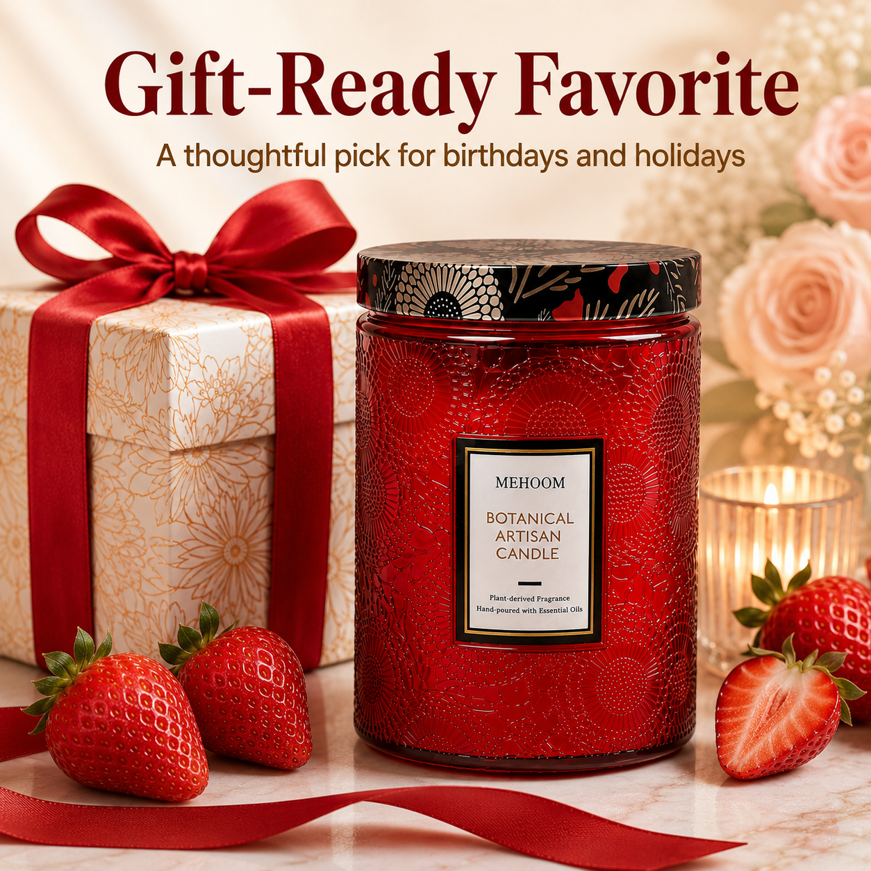 MEHOOM Strawberry Wood Wick Scented Candle, 20oz Large Beeswax & Soy Blend, Clean Burning 100-Hour Candle, Cozy Gift for Home Decor