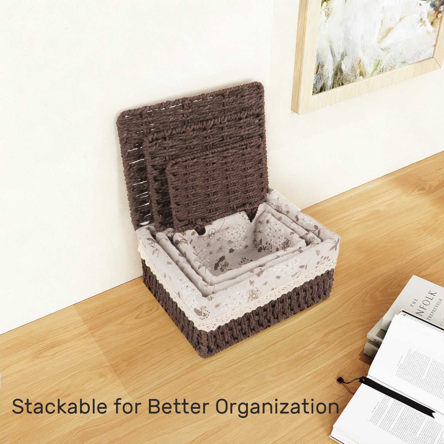 XGVGI Wicker Basket Set of 3 – Woven Storage Baskets for Bedroom, Closet, Table, or Living Room (Dark Brown)