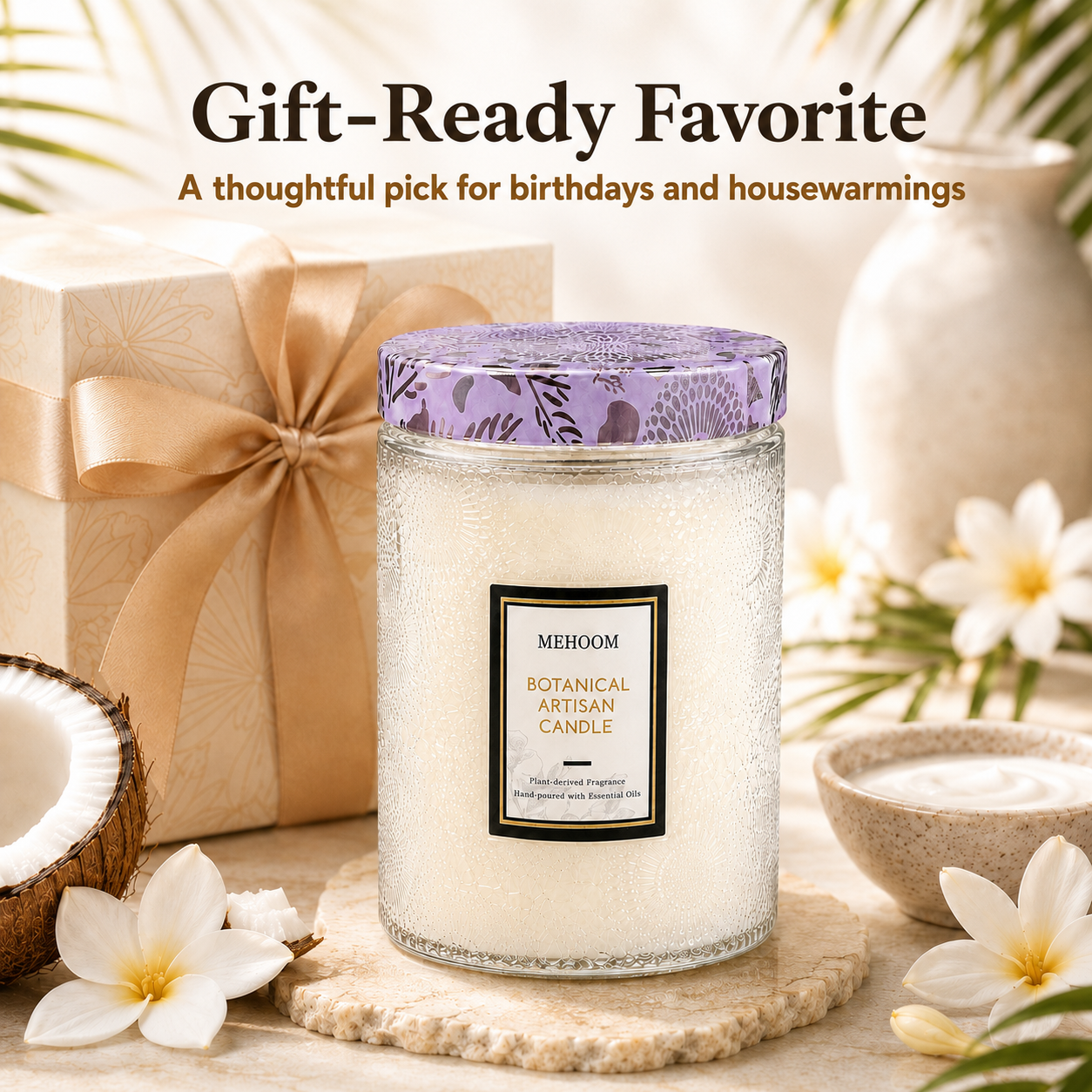 MEHOOM Coconut Beach Wood Wick Scented Candle, 20oz Large Beeswax & Soy Blend, Clean Burning 100-Hour Candle, Cozy Gift for Home Decor