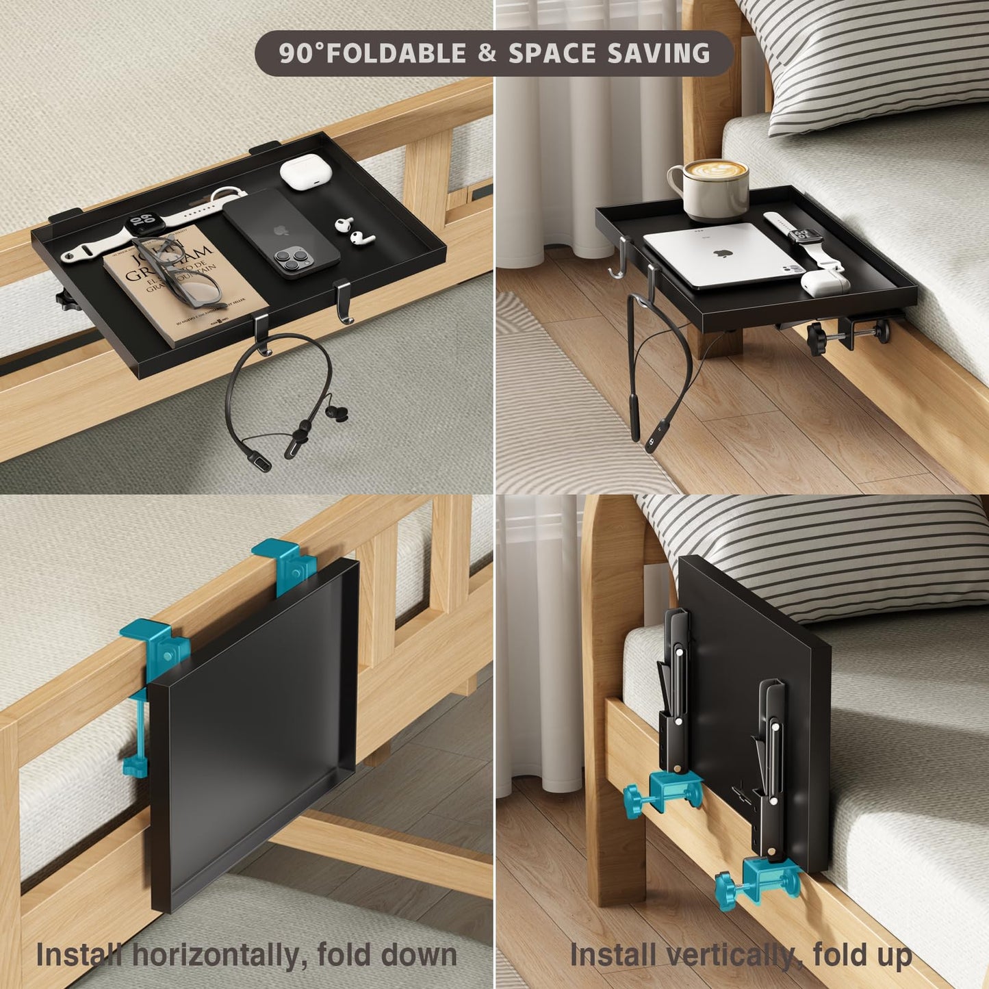 MEHOOM Bedside Shelf for College Dorm Room Essentials, Metal Foldable Bedside Table with Hooks, Cable Hole&Clip, Cup Holder, Bunk Bed Tray Clip on Floating Nightstand