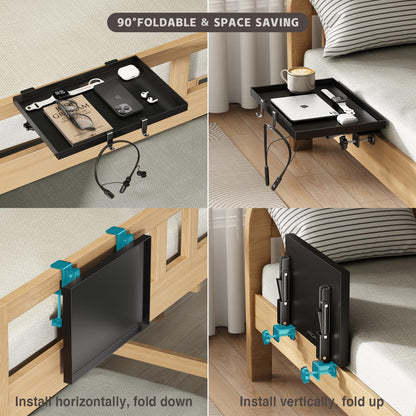 MEHOOM Bedside Shelf for College Dorm Room Essentials, Metal Foldable Bedside Table with Hooks, Cable Hole&Clip, Cup Holder, Bunk Bed Tray Clip on Floating Nightstand