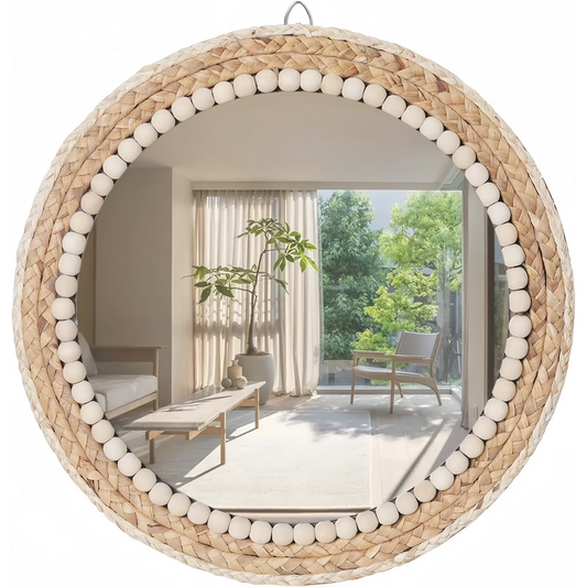 MEHOOM 20" Round Boho Wall Mirror, Rattan Hanging Mirror for Bedroom, Living Room, Farmhouse Decor