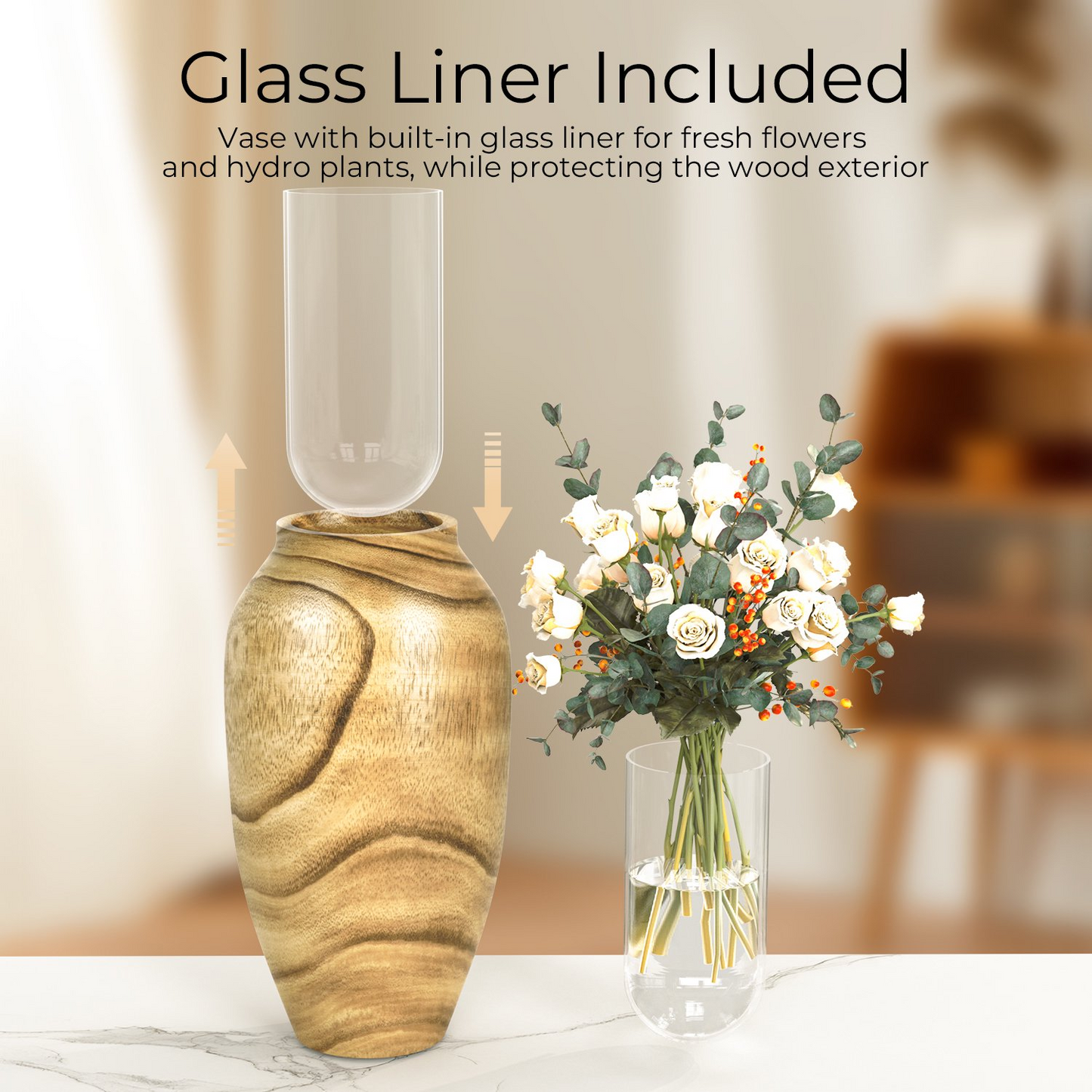 XGVGI Wooden Flower Vase, Farmhouse Vase Decor with Glass Liner, Rustic Decorative Vase for Table, Shelf, Entryway