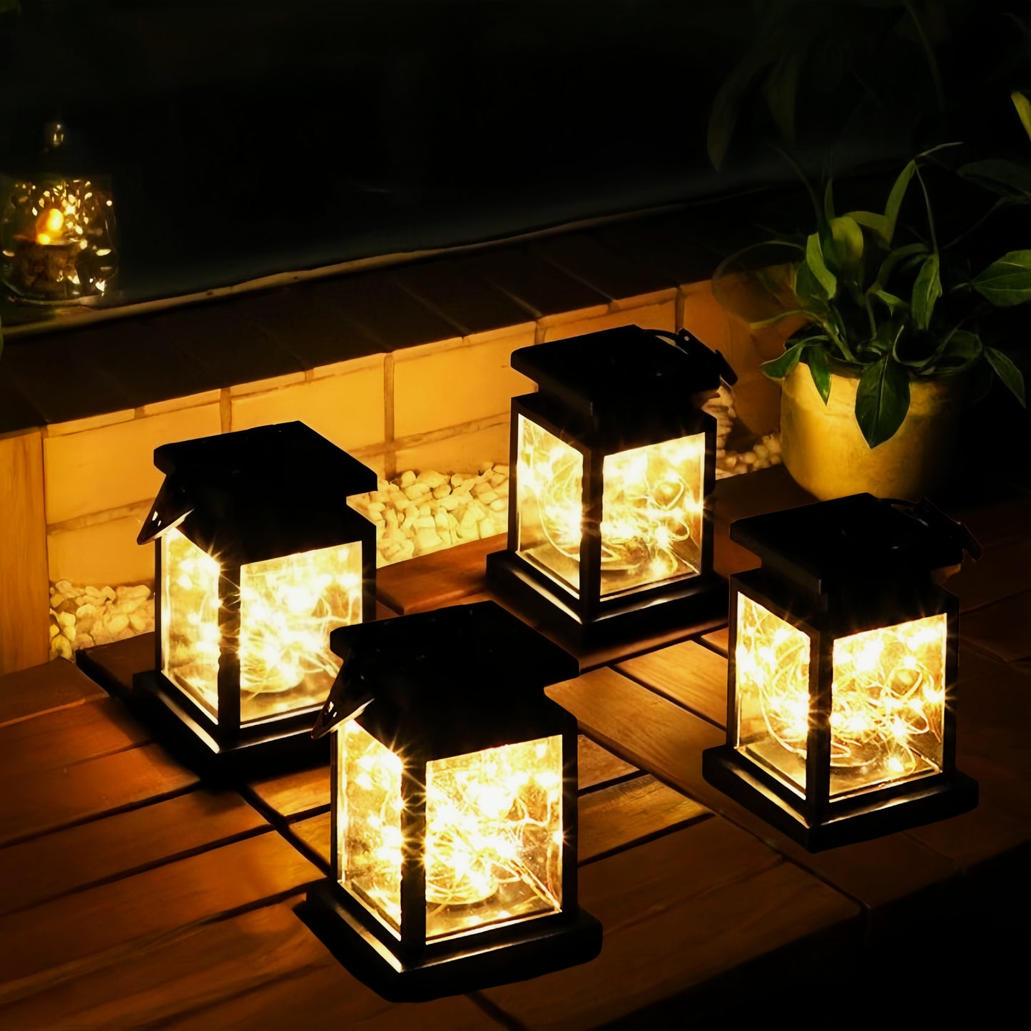 MEHOOM Outdoor Solar Lanterns 4 Pack, Waterproof Hanging Lights with Ground Stake, Retro Palace Design Warm White LED Solar Lights for Patio, Garden, Yard, Tabletop & Landscape Decor