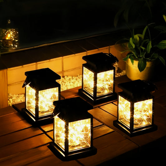 MEHOOM Outdoor Solar Lanterns 4 Pack, Waterproof Hanging Lights with Ground Stake, Retro Palace Design Warm White LED Solar Lights for Patio, Garden, Yard, Tabletop & Landscape Decor