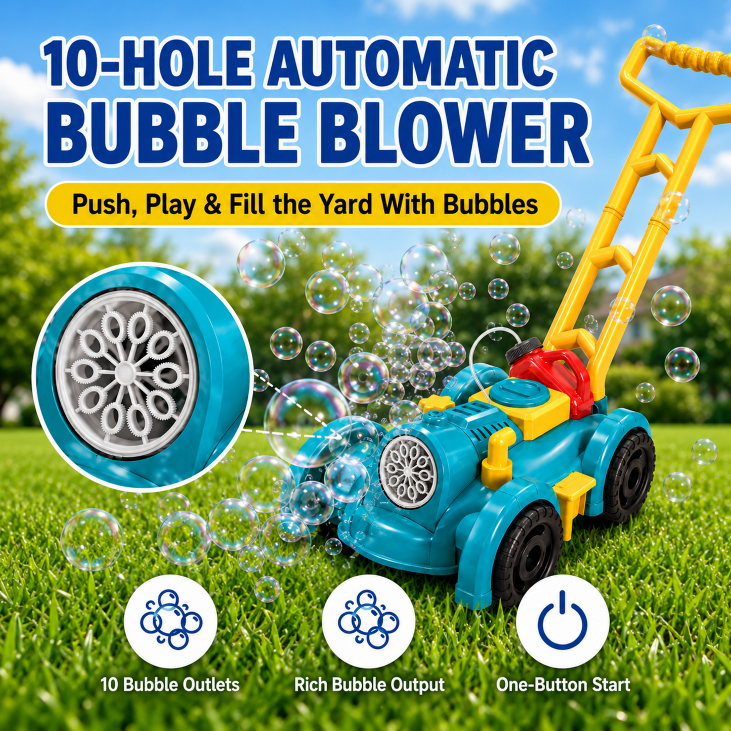 MEHOOM Light Bubble Machine for Kids, Bubbles Lawn Mower with 12 Refill Packs, Outdoor Auto Bubble Blowing Toy with for Toddlers Boys Girls Age 3-10,Blue