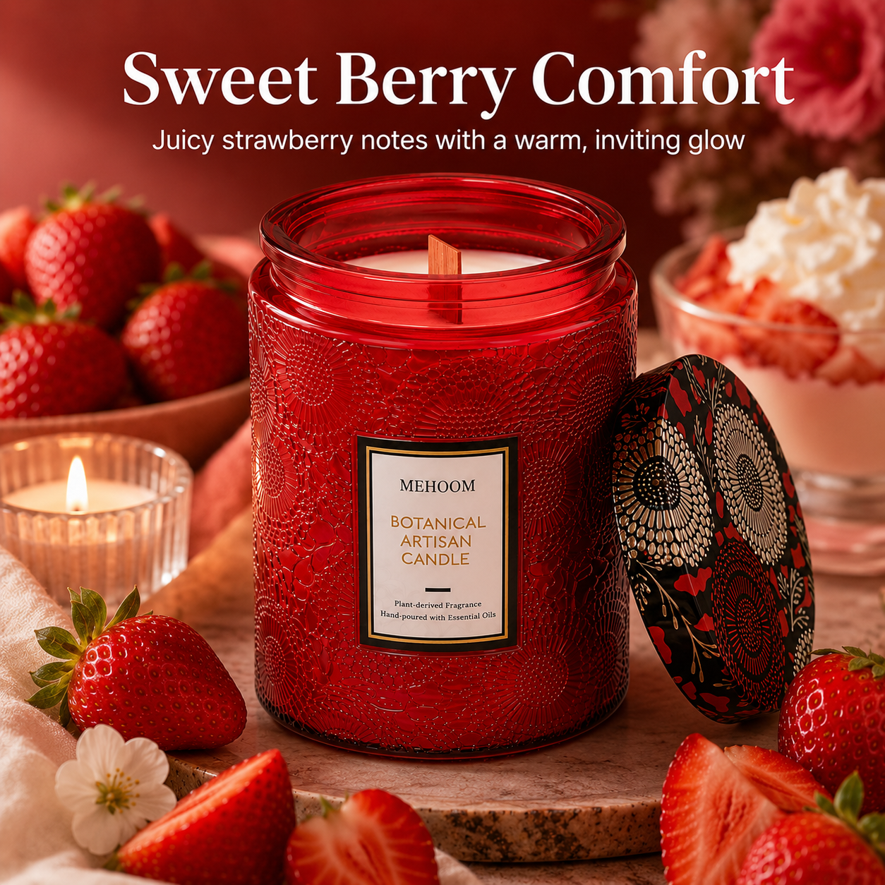 MEHOOM Strawberry Wood Wick Scented Candle, 20oz Large Beeswax & Soy Blend, Clean Burning 100-Hour Candle, Cozy Gift for Home Decor
