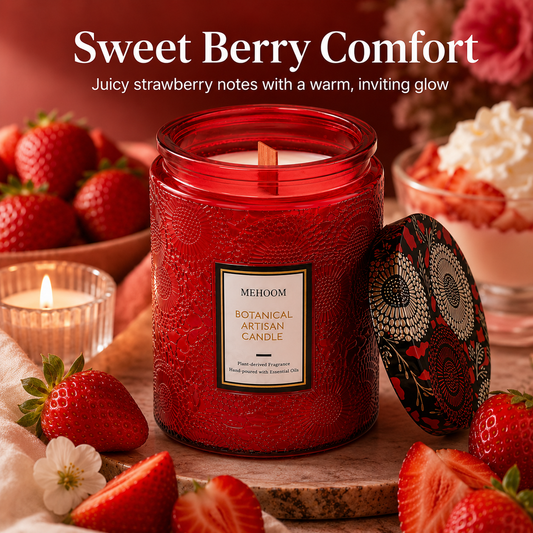 MEHOOM Strawberry Wood Wick Scented Candle, 20oz Large Beeswax & Soy Blend, Clean Burning 100-Hour Candle, Cozy Gift for Home Decor