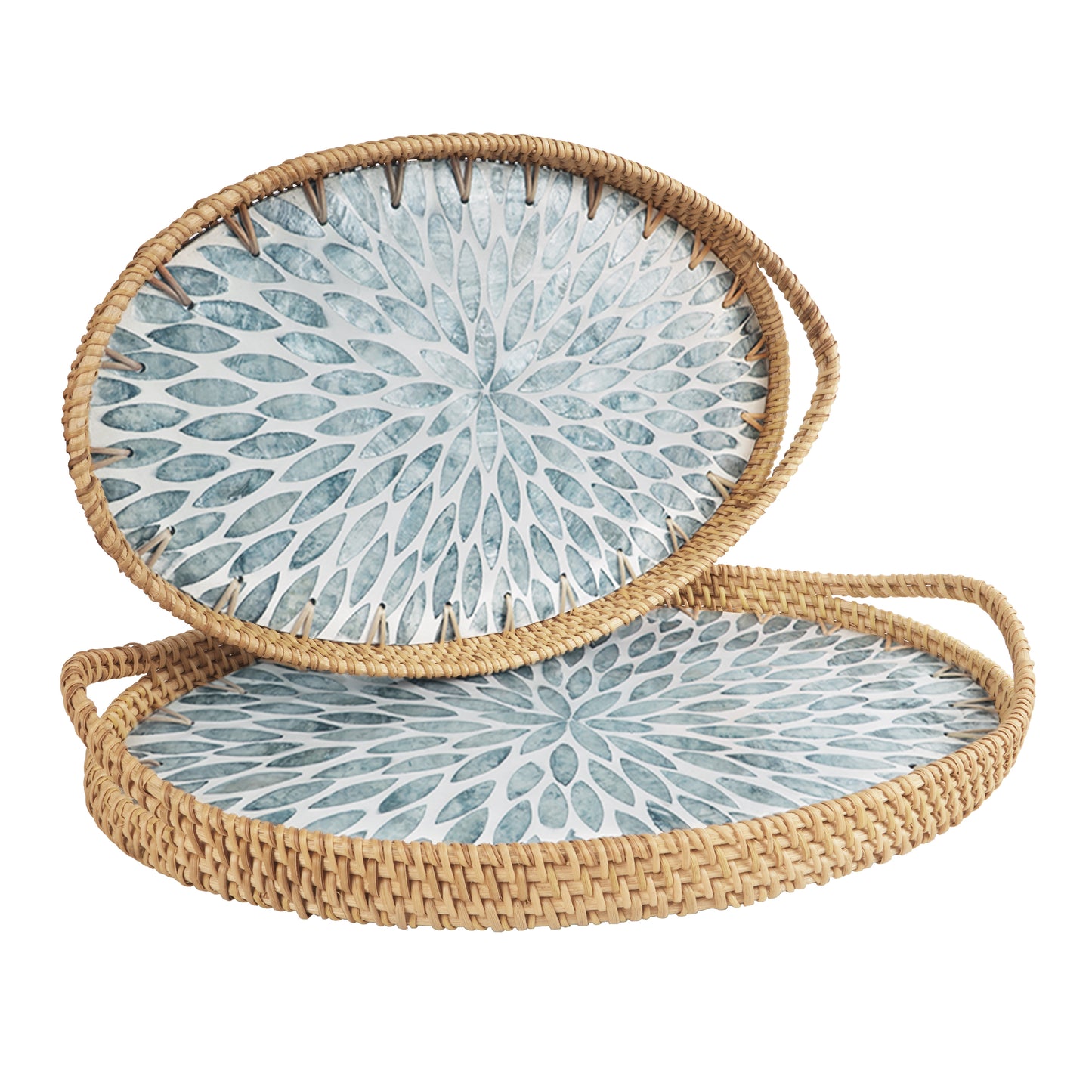 MEHOOM 14"&15" Farmhouse Decorative Tray, Rattan Serving Tray with Handles, Boho Decor for Coffee Table Kitchen Counter Dining Table Centerpiece