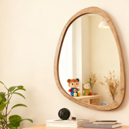 MEHOOM 30"x20" Irregular Wood Wall Mirror, Boho Hanging Mirror for Bathroom, Bedroom, Farmhouse Decor