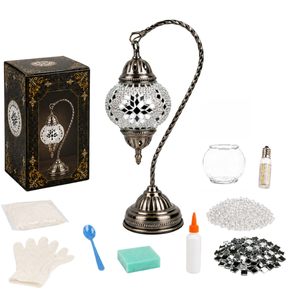 MEHOOM DIY Mosaic Gooseneck Lamp Kit,Turkish Crafts Kit for Adult,Moroccan Decor, Perfect Gift for Her or Him (White)