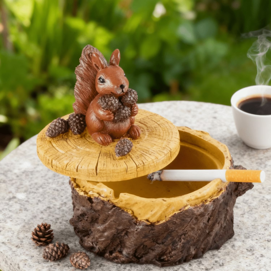 MEHOOM Resin Forest Squirrel Stump Ashtray with Lid, Windproof, Great Gift Ideas