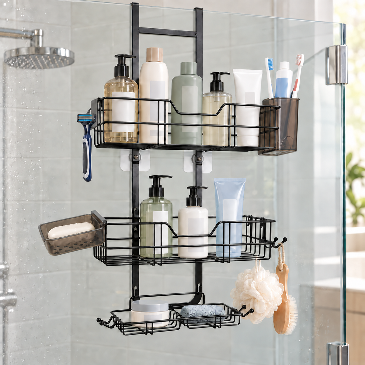 MEHOOM 3-Tier Over the Door Shower Caddy for Glass Door, No-Drill Hanging Shower Organizer with Soap Dish, Razor Holder, Hooks, Black
