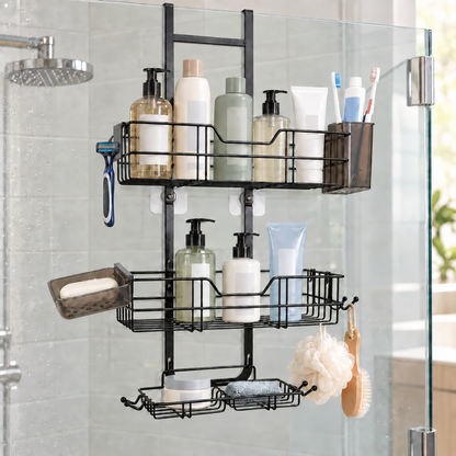 MEHOOM 3-Tier Over the Door Shower Caddy for Glass Door, No-Drill Hanging Shower Organizer with Soap Dish, Razor Holder, Hooks, Black