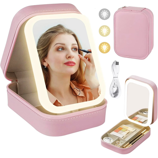 XGVGI Travel Makeup Box with LED Light Mirror, ABS Cosmetic Bag, Zipper, Pink