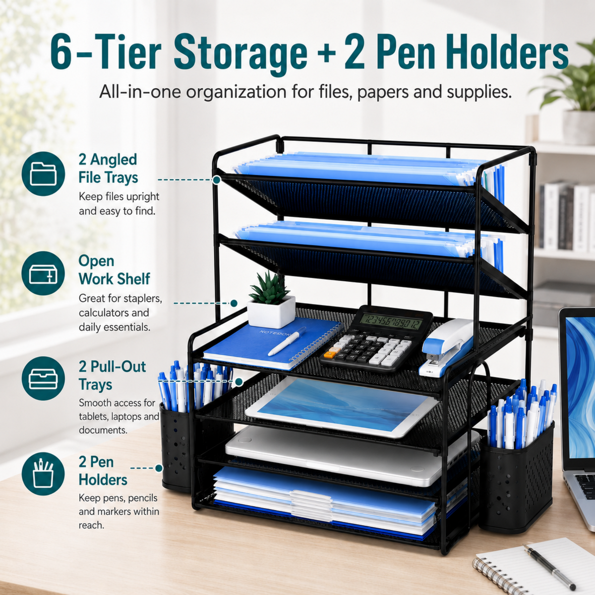 MEHOOM 6-Tier Desk Organizer, Metal File Organizer with Letter Tray Paper Organizer, Desktop Document & Mail Organizer, Office Supplies Organizer with 2 Pen Holders, Office Desk Accessories for Home,